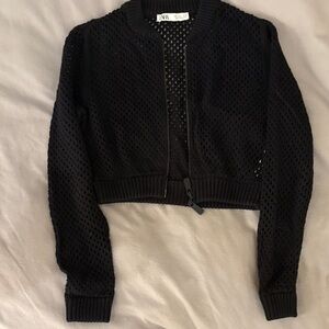 Zara Black Open-Knit cropped Zip Cardigan